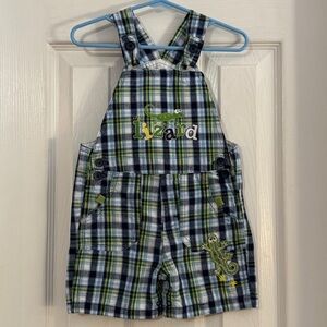 Baby Togs Baby Boy Blue and Green Plaid Short Overalls with Lizard Embroidery’s